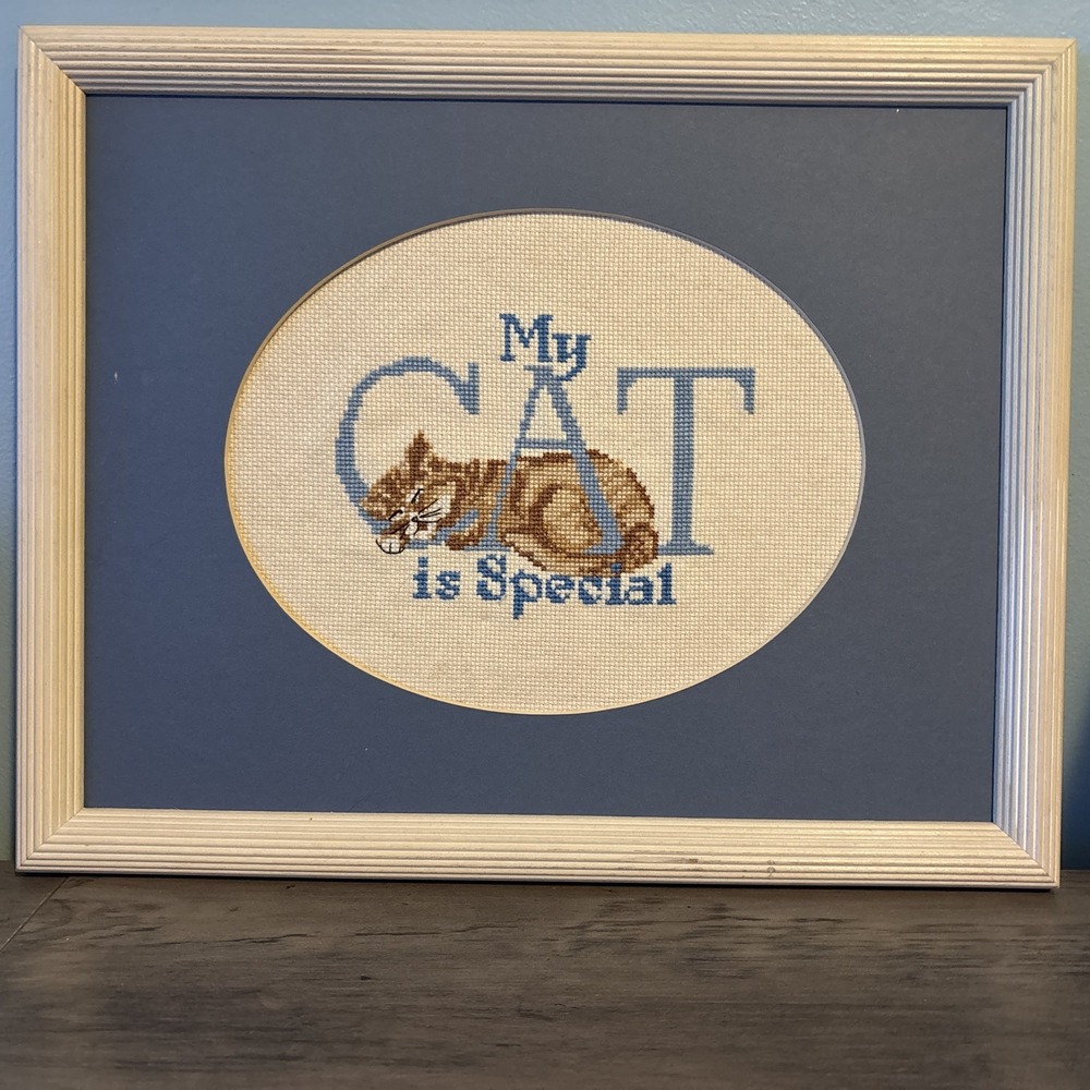 Vtg Hand Embroidered My Cat Is Special Framed Wall Hanging White Elephant Gift